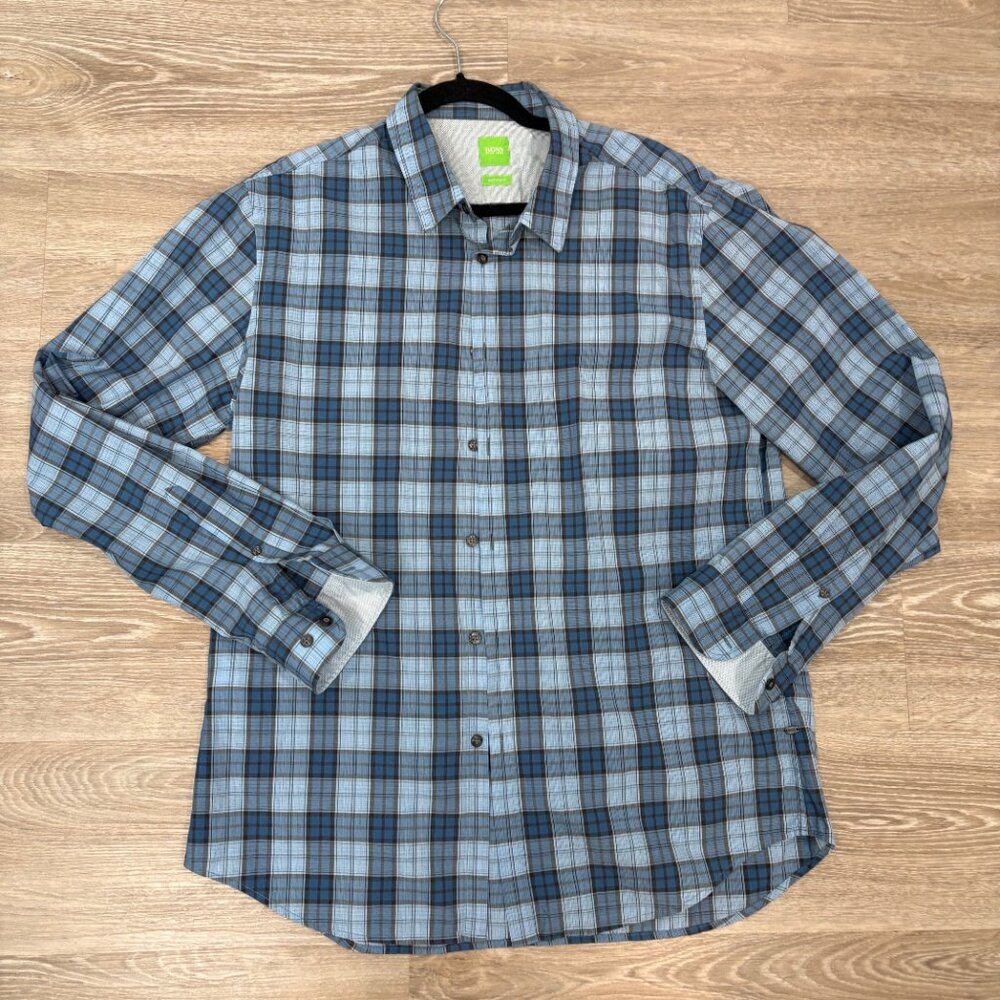 HUGO BOSS C-Briar MODERN FIT Blue Plaid Shirt Men's XL